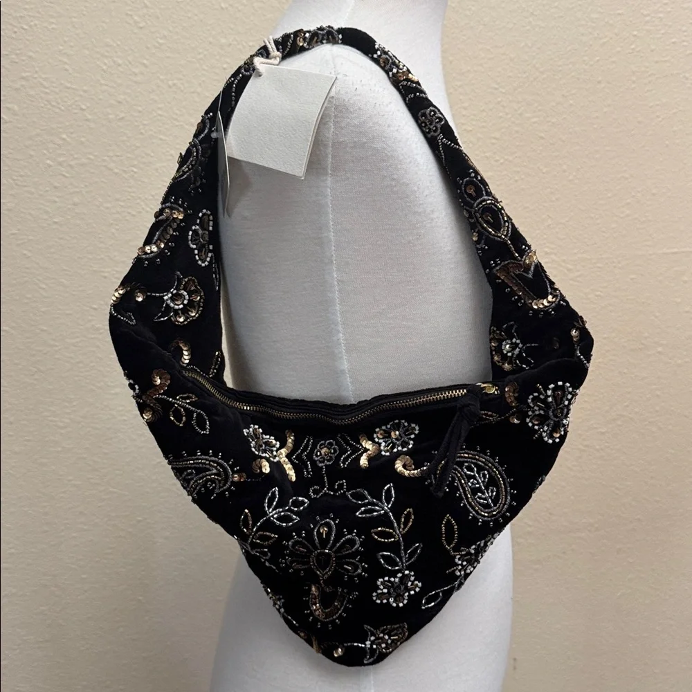 Free People Nashville Nights Beaded Black Velvet Shoulder Bag - Picture 2 of 12